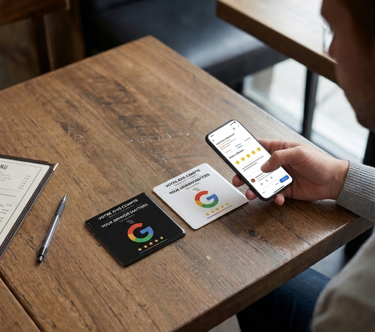 Google Review NFC Rigid White Stand with 3M Sticker